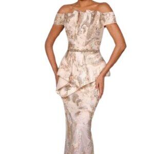 NWT Terani Couture 2111E5285 Pleated Evening Dress Champagne Size 4
